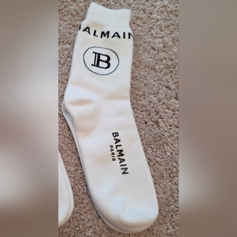 Balmain White Crew Socks with Black Logo Detail - Picture 2 of 4